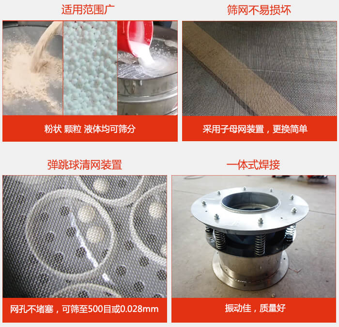 食品振動(dòng)篩特點(diǎn):1,效率高?:效率高,設(shè)計(jì)精巧耐用,任何粉類,粘液軍可篩分。2,操作簡(jiǎn)單采用優(yōu)質(zhì)材料,換網(wǎng)容易,操作簡(jiǎn)單,清洗方便。3,網(wǎng)孔不堵塞粉末不飛揚(yáng),可篩至500目或0.028mm4,精細(xì)做工產(chǎn)品經(jīng)過嚴(yán)格加工程序,做工精細(xì)美觀耐用。5,獨(dú)特網(wǎng)架設(shè)計(jì)篩網(wǎng)使用時(shí)間長(zhǎng)久,換網(wǎng)只需3-5分鐘。
