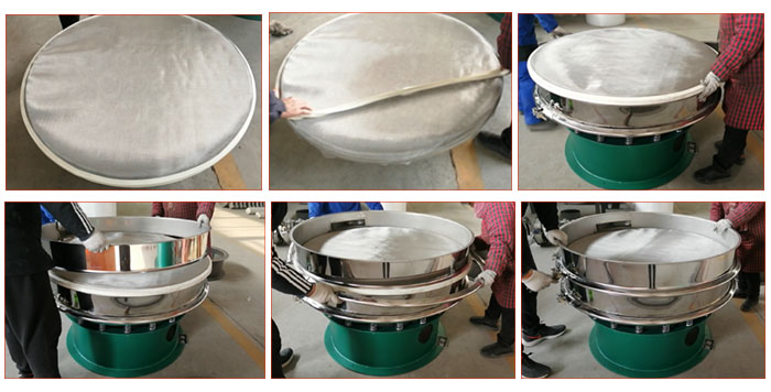 食品振動(dòng)篩網(wǎng)安裝步驟3,將密封圈安裝到網(wǎng)架周圍,將篩框放到網(wǎng)架上,并利用束環(huán)將上下兩層篩框固定在一起。