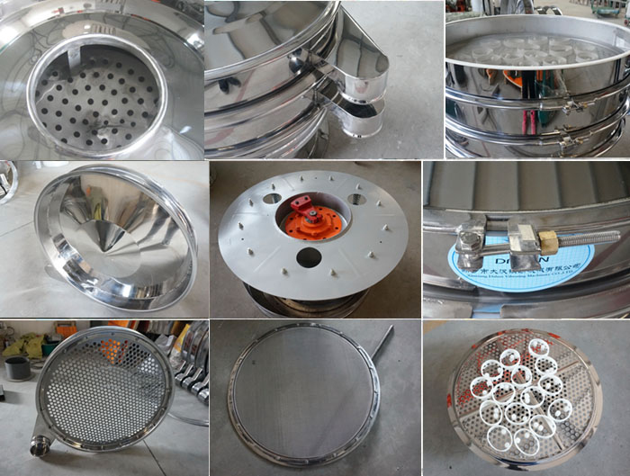 里外剖光振動篩細節(jié)：防塵蓋拋光效果，篩框拋光效果，振動篩底座拋光效果，振動篩網架拋光效果等。