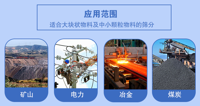 礦業(yè)振動(dòng)篩應(yīng)用行業(yè):適合大塊狀物料及中小顆粒物料的篩分:礦山,電力,冶金,煤炭等。
