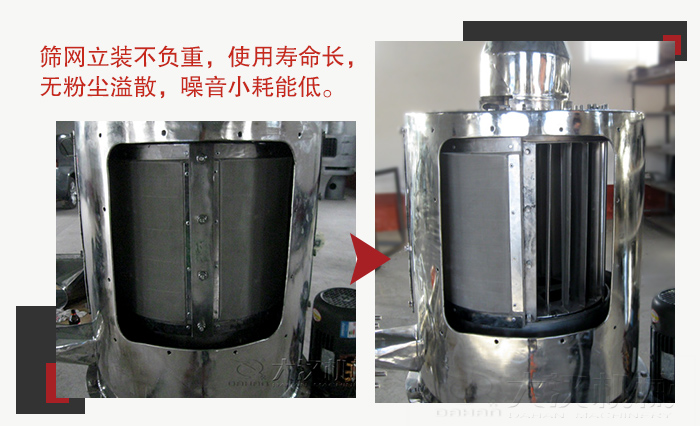 氣流篩采用立式篩網(wǎng)，不受物料的沖擊力的影響，篩網(wǎng)使用壽命長(zhǎng)