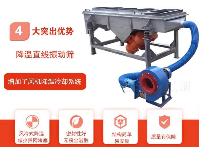 降溫直線振動(dòng)篩性能特點(diǎn):1,技術(shù)成熟,質(zhì)量可靠,篩分精度高,處理量大。2,風(fēng)冷式降溫系統(tǒng)設(shè)計(jì),快速有效降溫。3,適用范圍廣,可應(yīng)用于各種需要降溫的物料。4,設(shè)計(jì)精巧合理,結(jié)構(gòu)簡(jiǎn)單,易安裝,耗能少,噪音低5,篩網(wǎng)使用壽命長(zhǎng),換網(wǎng)更方便,快捷6,設(shè)備整體密封性好,無粉塵溢散。