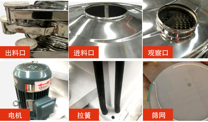 搖擺篩細節展示：出料口，進料口，觀察口，電機，拉簧，篩網等。